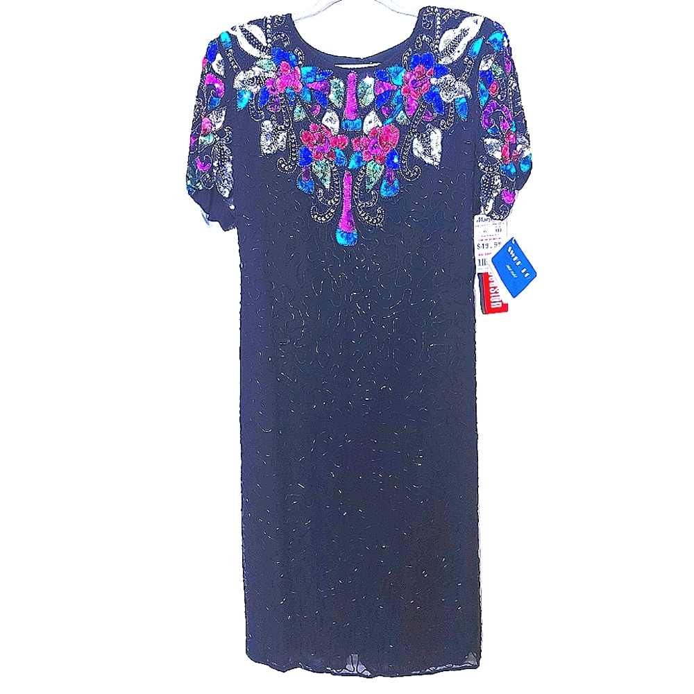 80s Vintage Swee Low Hand Beaded 100% Silk Cocktail Formal Dress